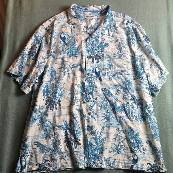 Tommy Bahama Other - Tommy Bahama Mens 2XLB Blue White Silk Tropical Parrot Toucan Camp Shirt 2XL Big